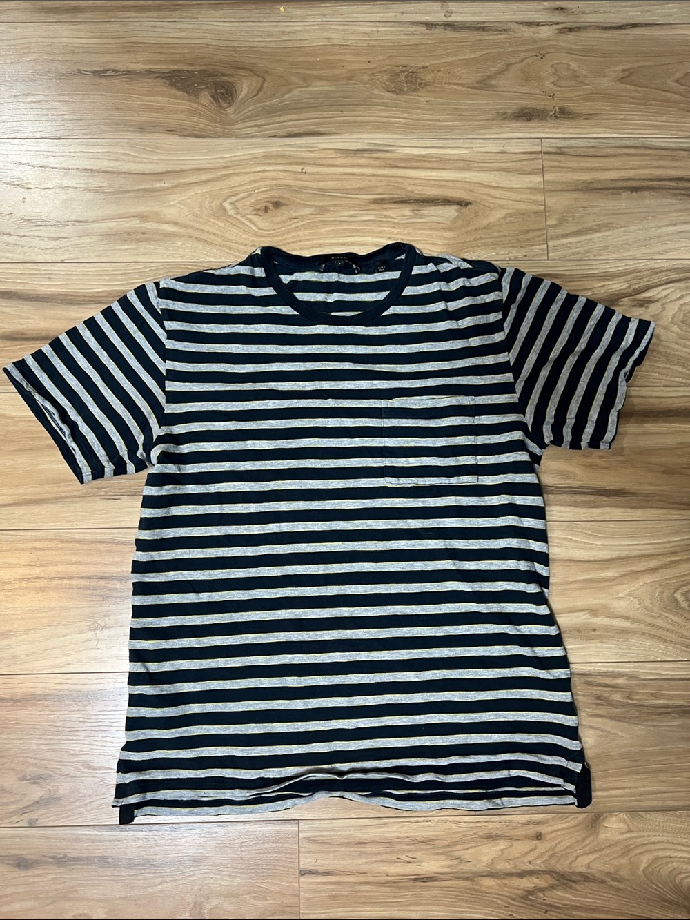 Vince Navy, Gray & Yellow Striped Pocket Crew Tee